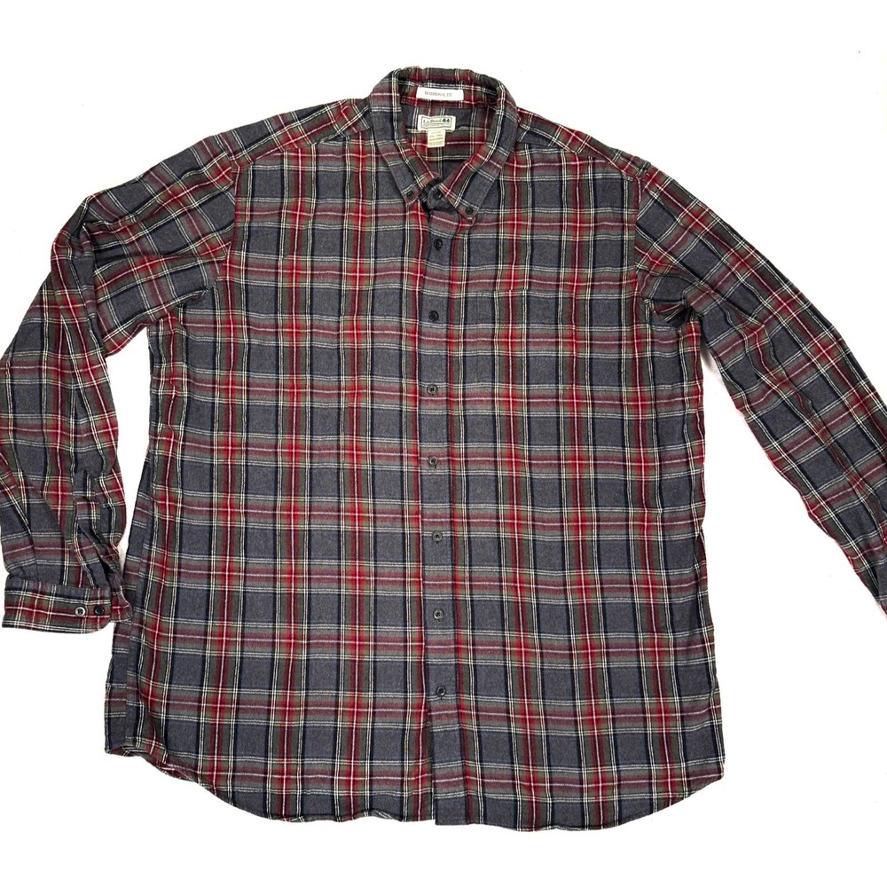 L.L. Bean Flannel Shirt Mens 2XLT Gray Scotch Plaid Long Sleeve Traditional Fit